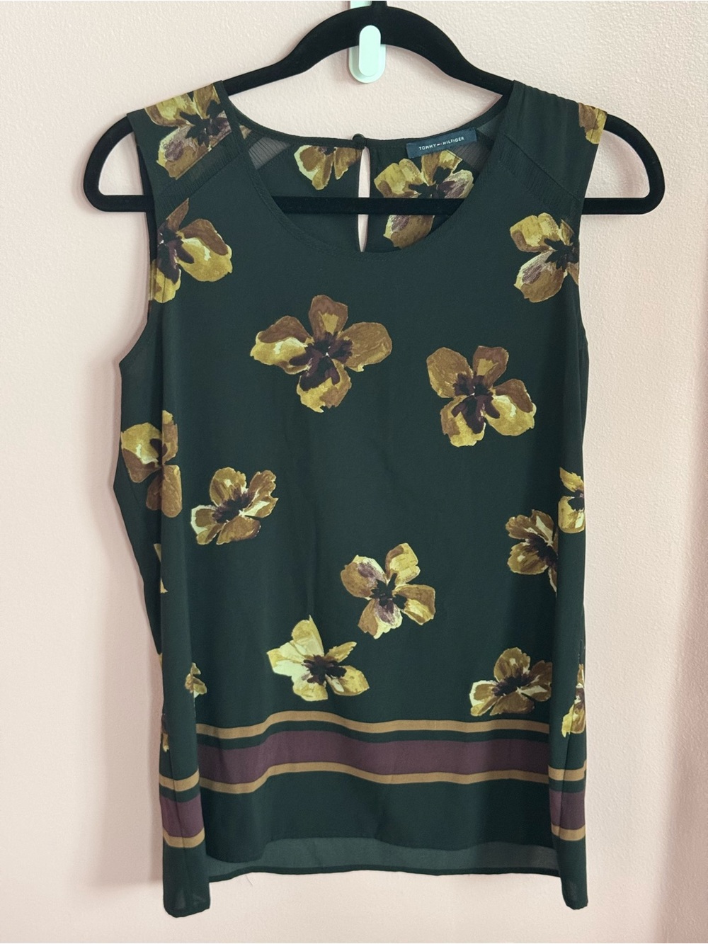 Tommy Hilfiger Dark Green Floral Sleeveless Blouse Chiffon Overlay Tank Top S